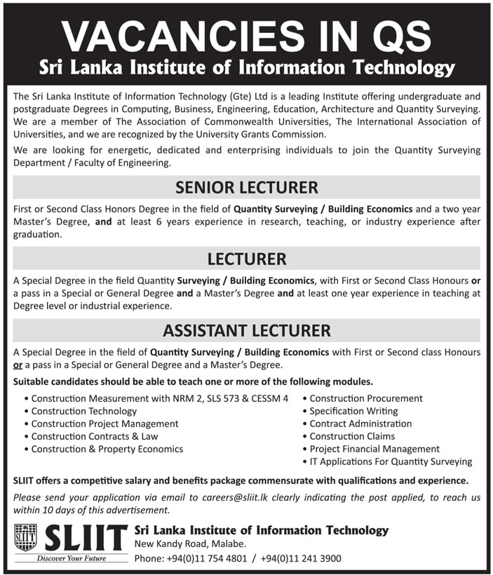 Senior Lecturer, Lecturer, Assistant Lecturer - Sri Lanka Institute of Information Technology